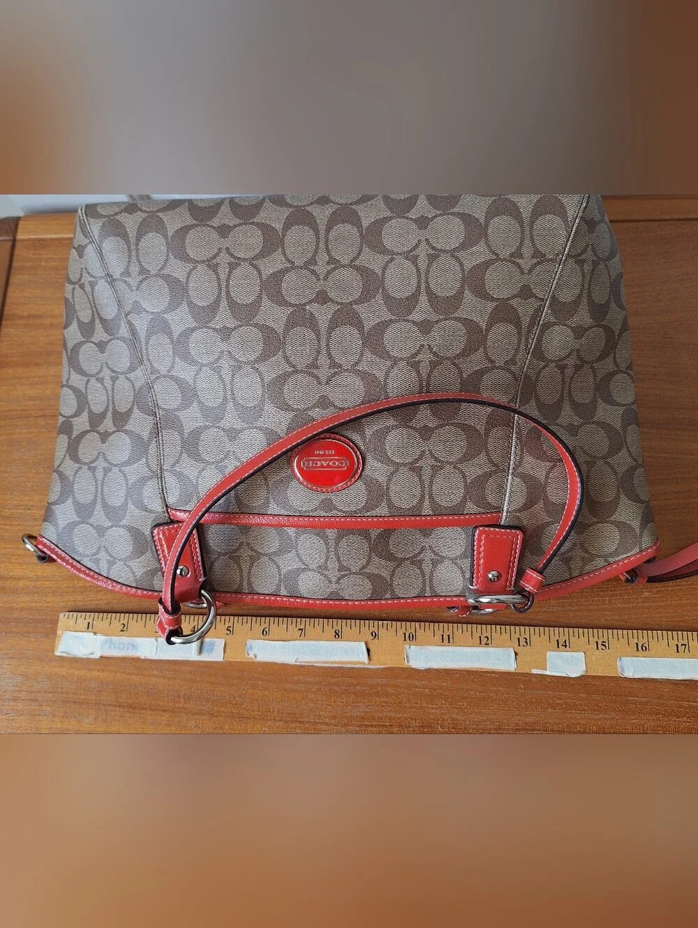Coach Signature Coated Canvas Shoulder Bag Monogram Tote Coral Leather Trim